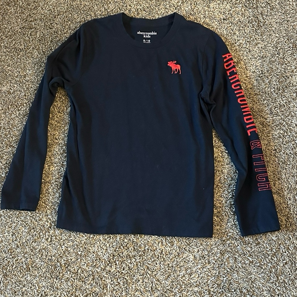 Abercrombie & Fitch Men's Navy Long Sleeve Tee with Red Logo